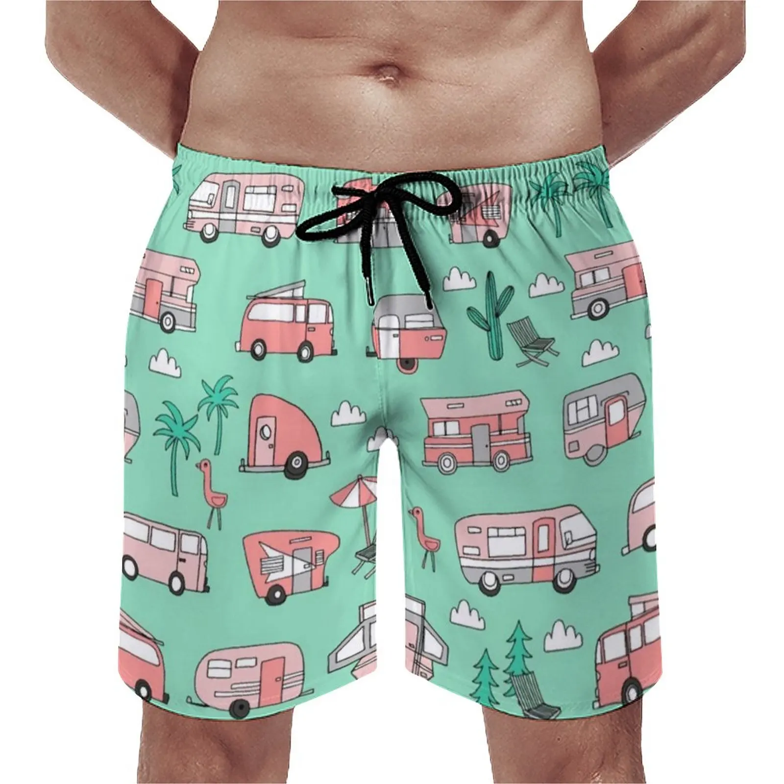 

Camper Vacation Board Shorts RV Hipster Road Trip Beach Shorts Hot Sale Men Cute Printed Swimming Trunks Plus Size 3XL