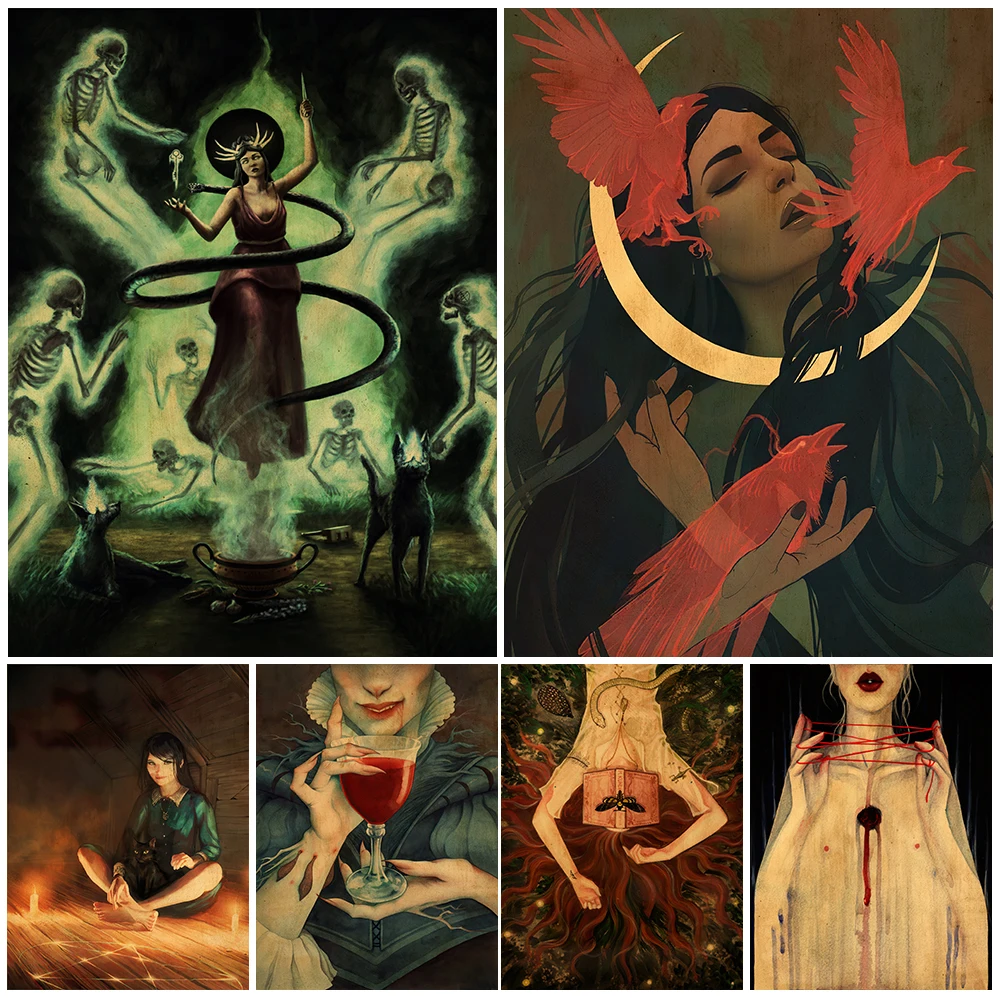 

Salem Witch And Bloody Grail Contract Abstract Wall Art Canvas Painting Demon Goddess Vinage Poster And Print Home Decoration