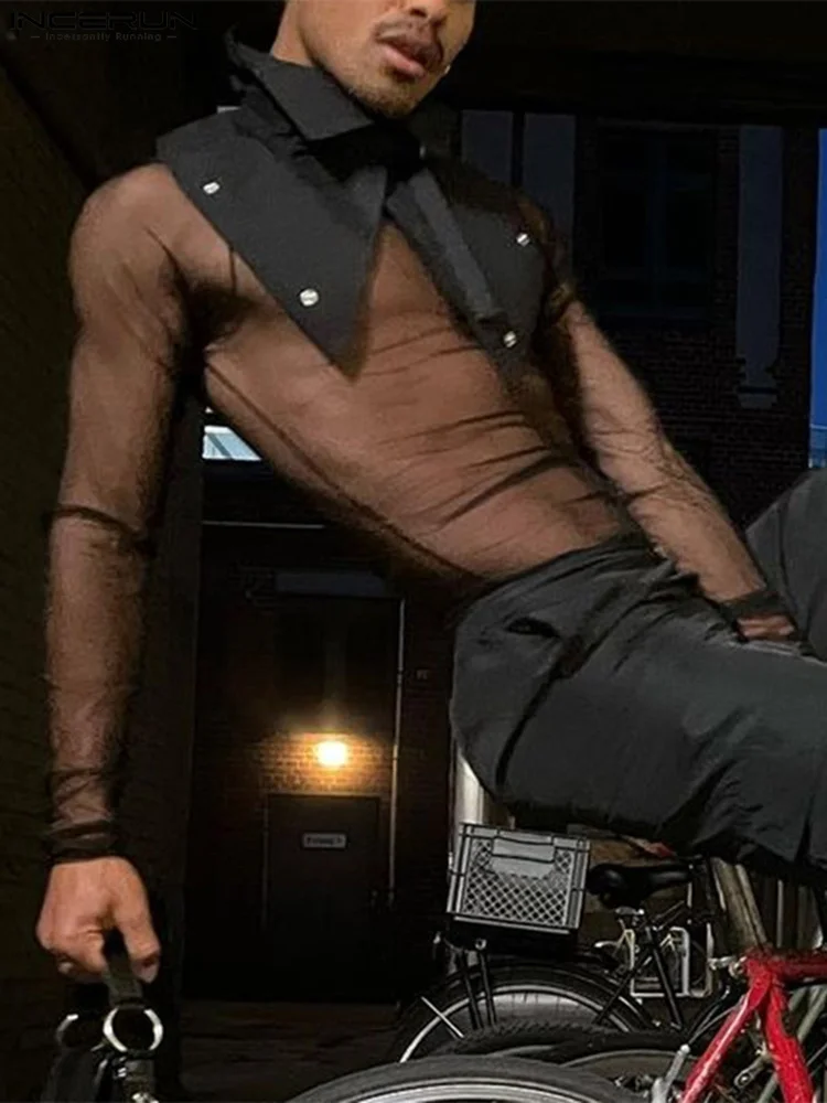 

Футболка INCERUN Мужская сетчатая, с отложным воротником и длинным рукавом, 2022