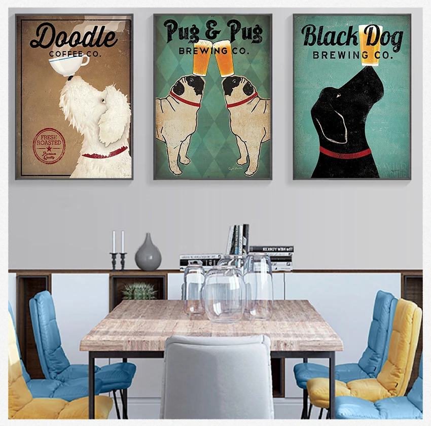 

Canvas Pictures for Living Room Vintage Poster Animals Cuadros Decoracion Wall Art Retro Black Dog Shepherd Doberman Drink Dog