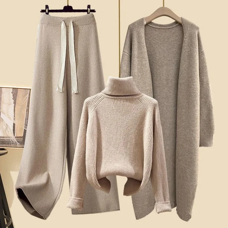 

Autumn Winter Pant Sets Women Loose Elegant Turtleneck Sweater+long Cardigan Jacket+ Kint Wide Leg Pant Three Peice Set Outwear