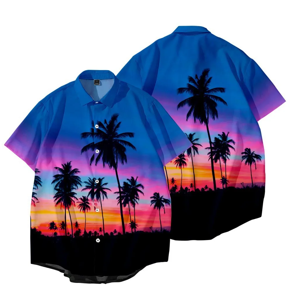 

Новинка лета 2022, Повседневная приталенная гавайская рубашка с отворотом и 3D принтом дерева и листьев, с коротким рукавом, в этническом стиле...