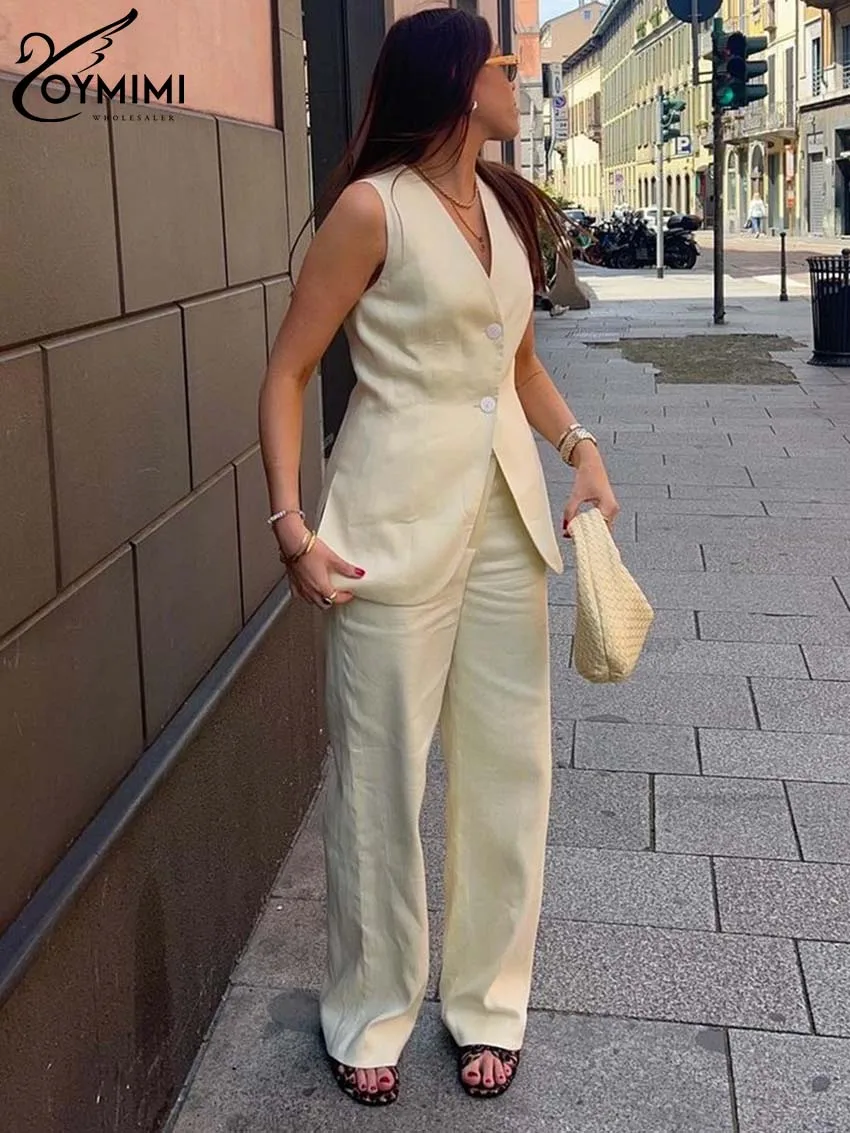 Oymimi повседневные бежевые хлопковые комплекты для женщин 2 штуки V-образный вырез