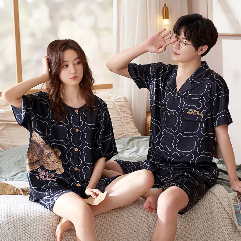 Pajamas For Men and Women Summer Satin Couple Pijama Shorts Lounge Male Home Clothes Suits Silk Sleepwear Couples Pajama Sets
