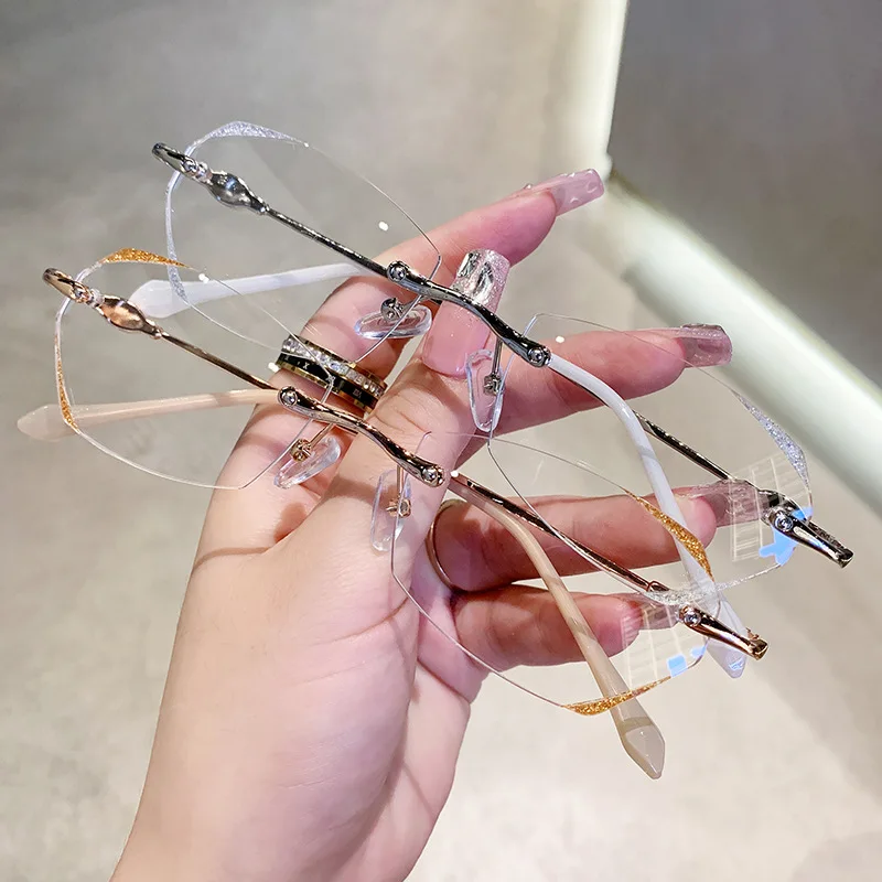 

Lady Framless Anti-Bule light Crystal Reading Glasses Fashion Alloy Diamond Jelly Frame Presbyopic Eyeglasses