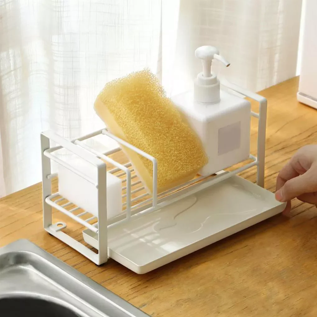 

Kitchen Dish Desktop Brush Drying Organizer Countertop Sponge Holder Shelf Washing Cloth Rag Drainer Rack with Water Collection