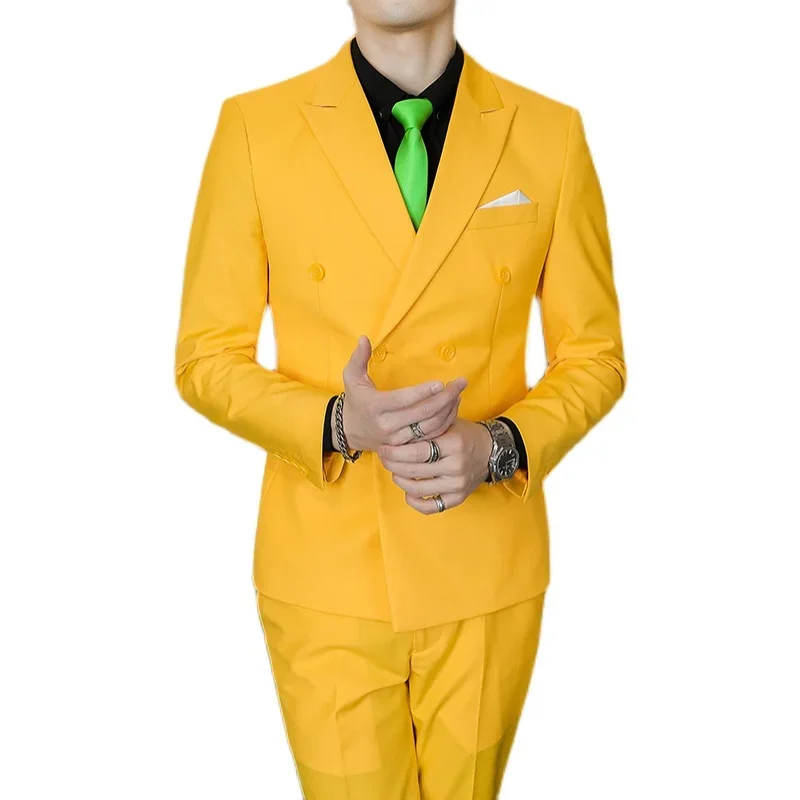 Мужской костюм из трех предметов темно-синий двубортный пиджак и брюки жилет