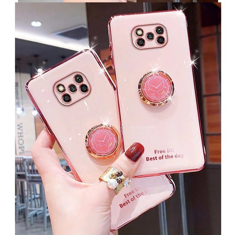 360 clock finger ring phone case for xiaomi poco x3 nfc pro gt plating coque stand bracket soft silicone cover free global shipping