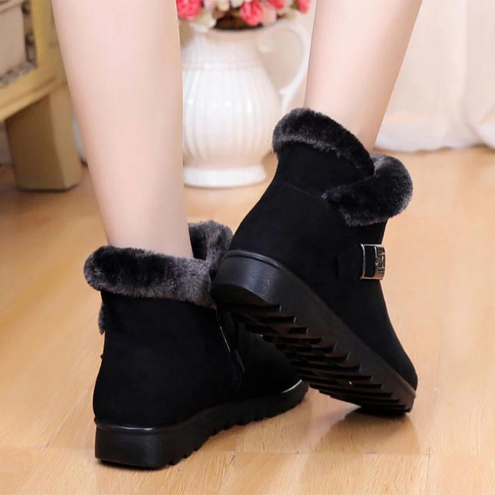 Winter Boots for Women Warm Plush Metal Decoration Designed Female Ankle Boots Rubber Anti-slip Casual Wedge Shoes Black