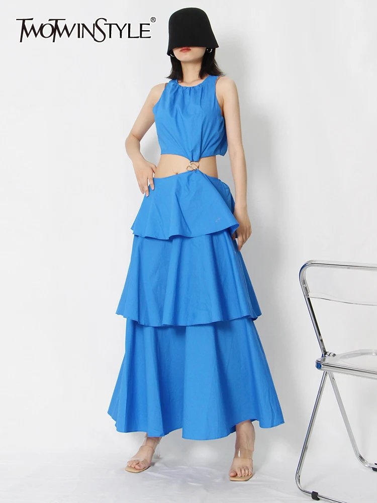 

TWOTWINSTYLE Casual Midi Dress For Women Round Neck Sleeveless High Waist Cut Out Long Dresses Female Summer Fashion Clothes New