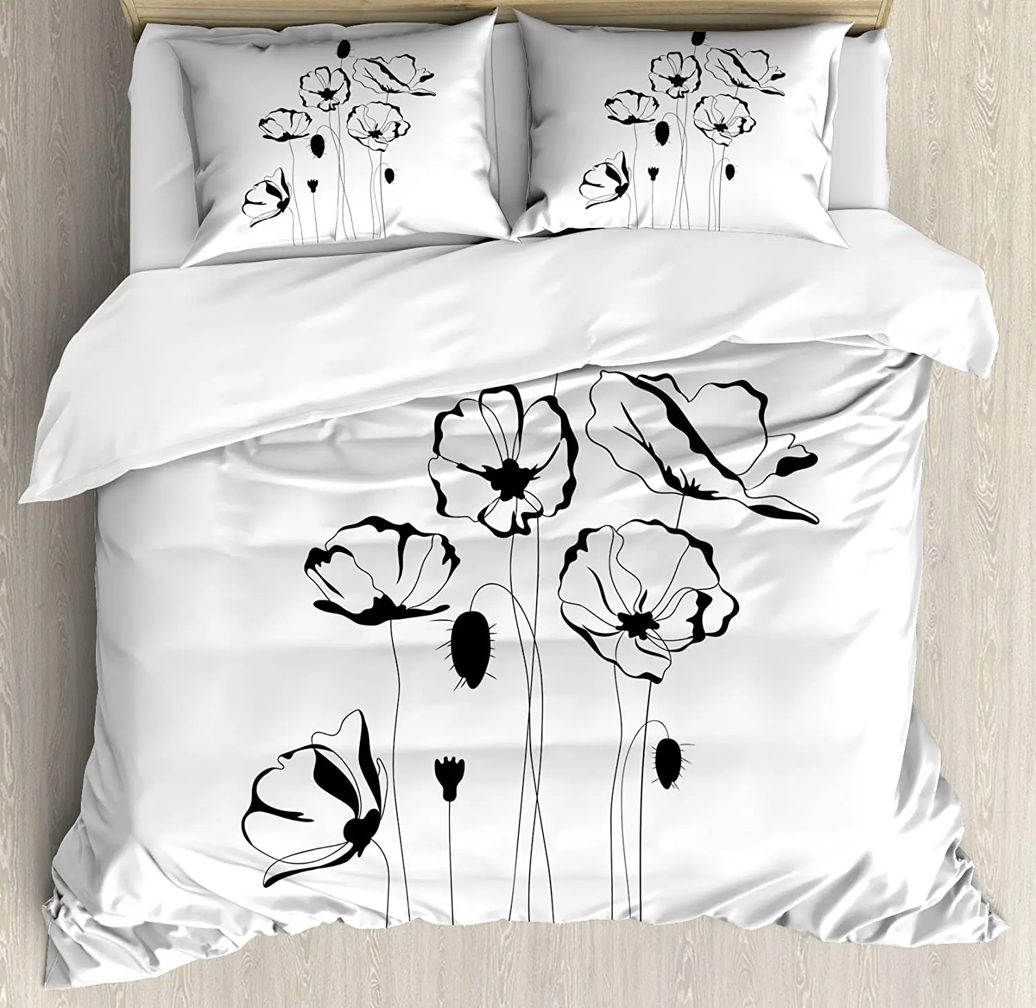 

Poppy Bedding Set For Bedroom Bed Home Monochrome Herbs with Buds on Skinny Stems Artistic Duvet Cover Quilt Cover Pillowcase