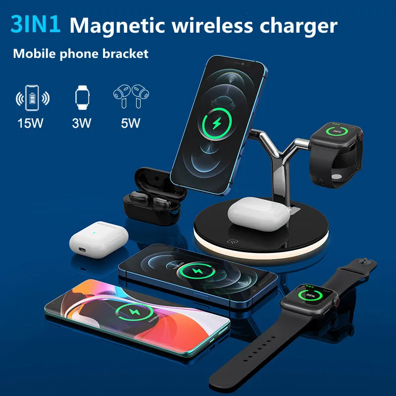 3 in 1 magnetic wireless charger for iphone 13 12 11 xiaomi huawei samsung apple watch headset mobile phone bracket base free global shipping