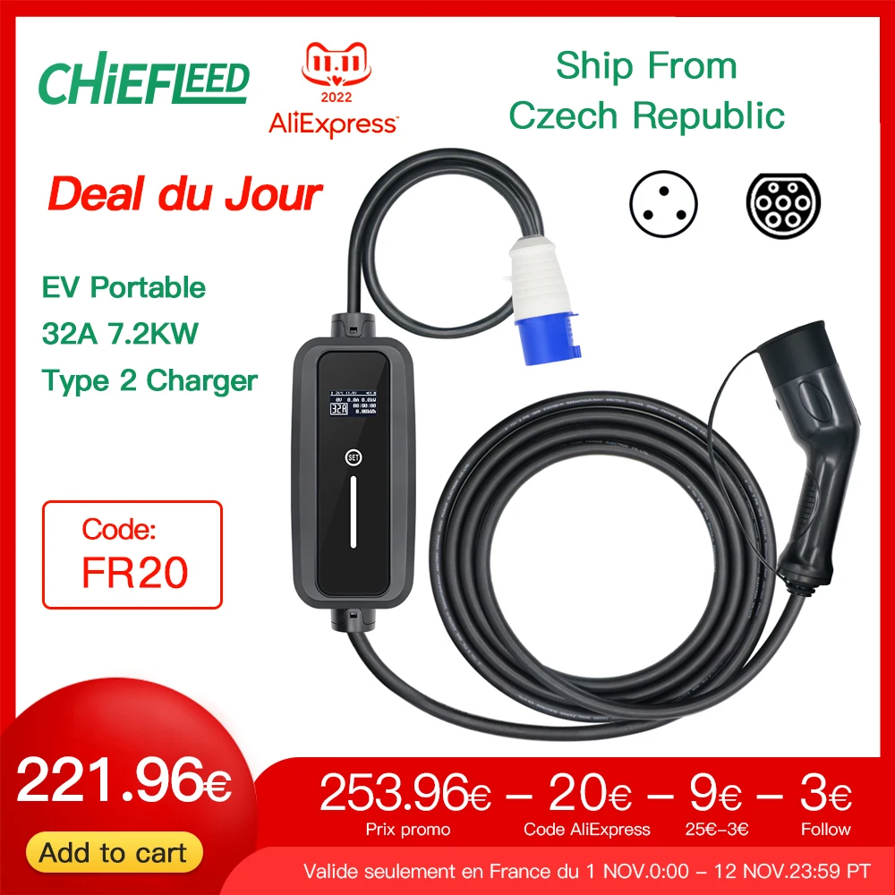 

New Update Mobile EV Charger Wallbox 32A 1P 7.2KW Adjustable Current 16/26/32A 220-250V With Cee Blue Type 2 EV Plug Cable 5M