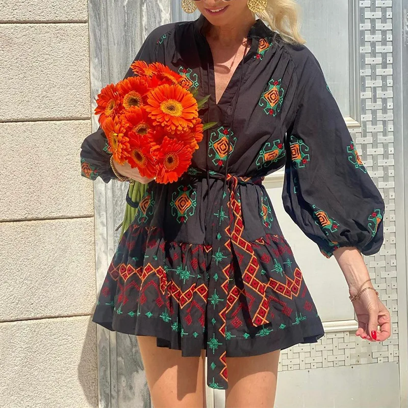 

Spring Summer Dress Women's Fashion Lantern Sleeve Printed High Waist Mini Dress Women's V-neck Lace-up Pleated Stitching Dress