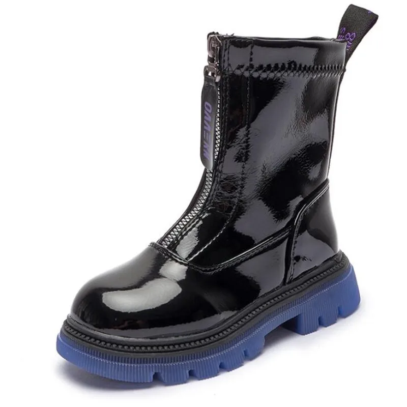 

Новинка Осень-зима 2022, короткие ботинки из лакированной кожи для девочек, Яркая модная Нескользящая однотонная обувь на молнии спереди с зе...