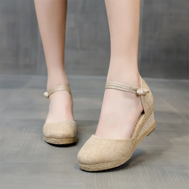 

Summer Women Linen Plain 6cm Wedge Sandals Bohemian Handmade Ladies Casual Comfortable Espadrilles Platform Pumps Shoes