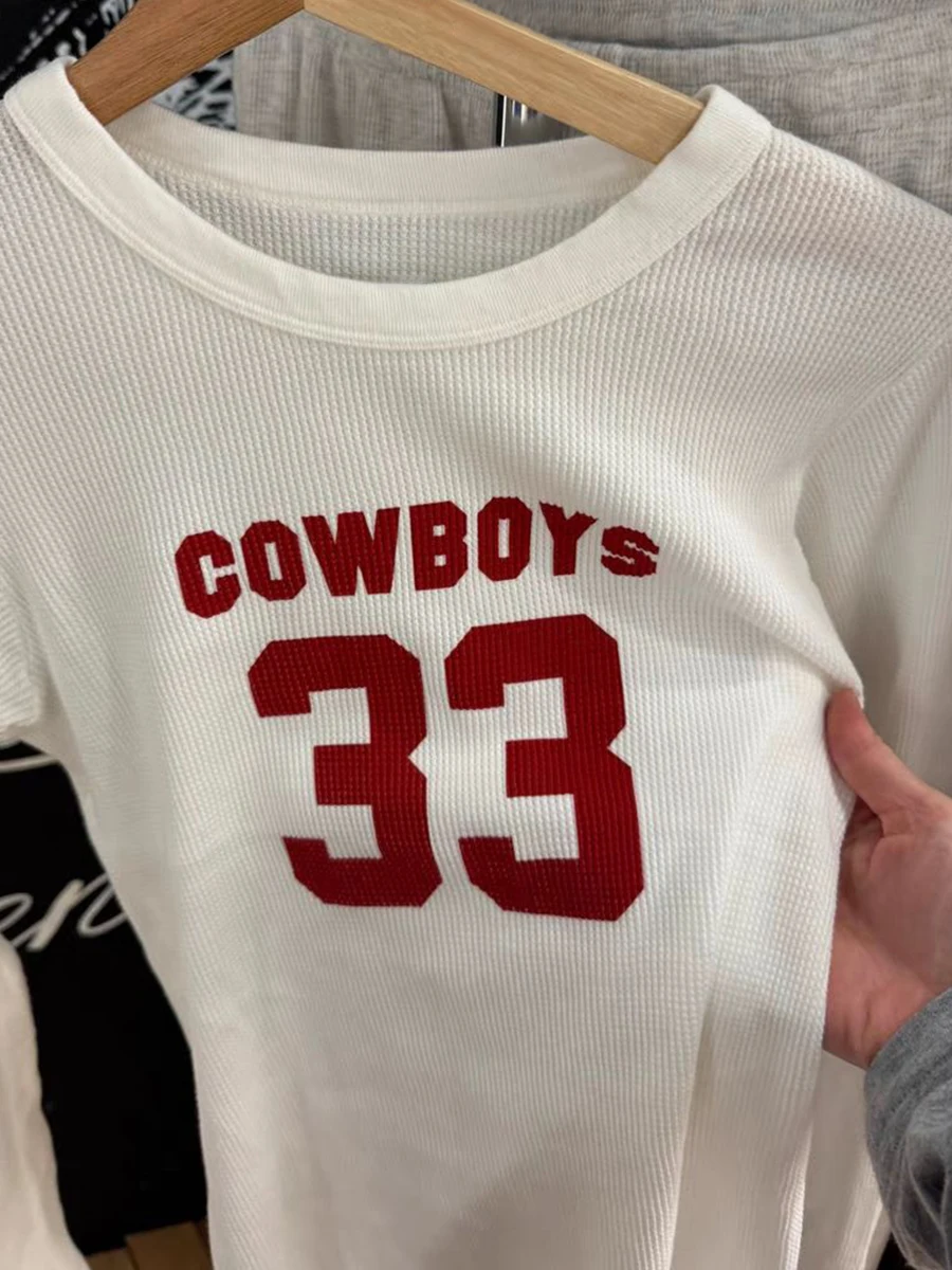 Cowboys 33 Вафельная футболка с длинным рукавом Женская осенняя хлопковая тонкая