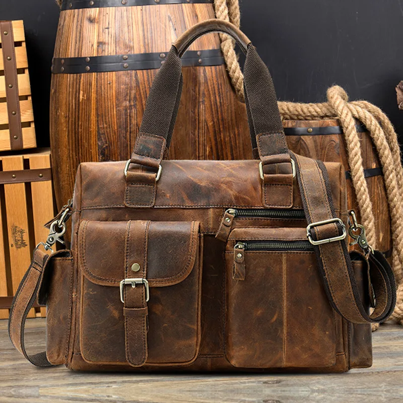 New Men Cow Leather Briefcase Men's Large Messenger Bag Vintage Document Should Bag Office Handbag For Men Attache Case Male Bag
