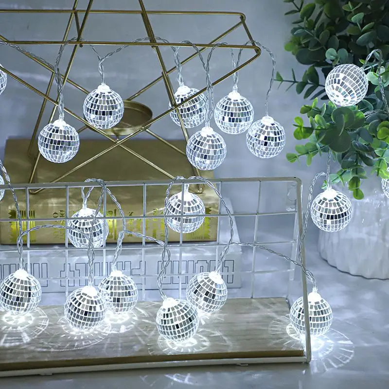 

Светодиодная гирлянда, 1,5 м, на батарейках, с зеркальными шариками, для свадьбы, Нового года, Рождества, дискотек