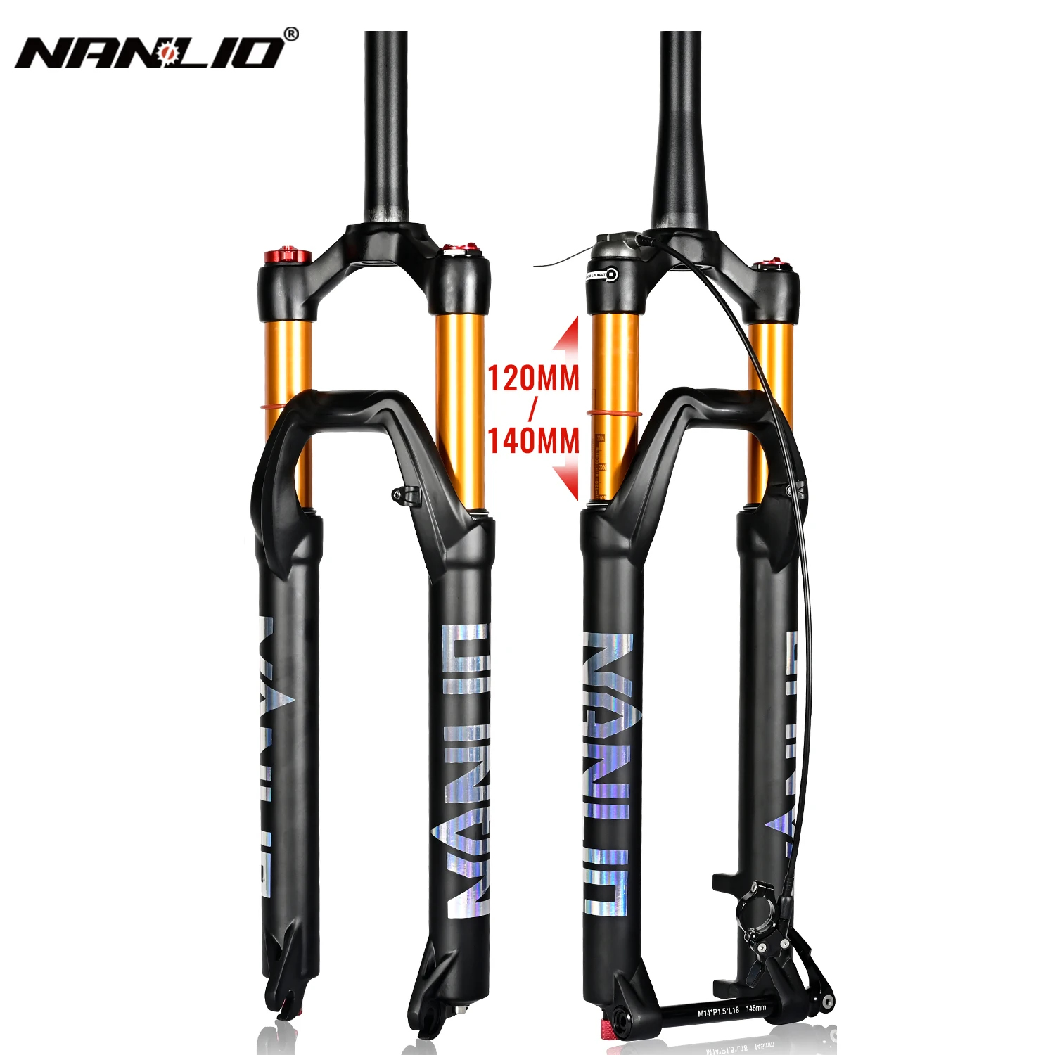 Фото Велосипедная амортизационная вилка Nanlio X7 PRO, 120/140 мм, 26/27.5/29 дюймов, прямая/коническая ось, быстросъемная ось/сквозная ось №1