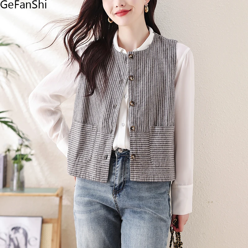 Новинка 2024 модный весенне-осенний полосатый Повседневный жилет из хлопка и льна