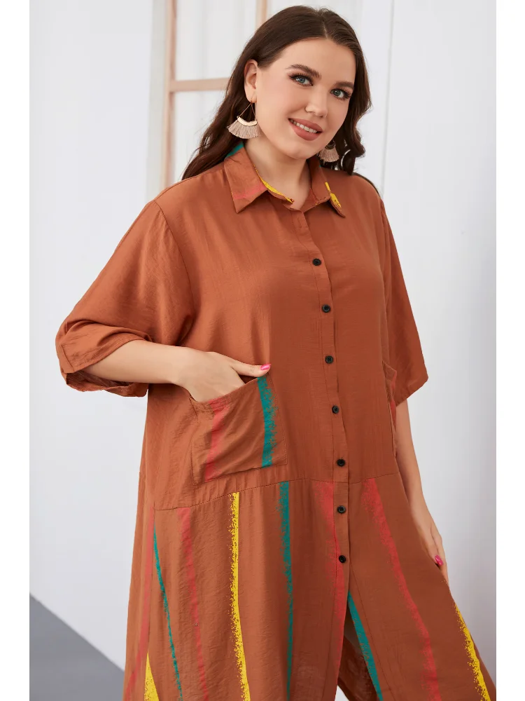 Black European temperament commuter solid color woven lapels women's large size half sleeve dress plus size dresses