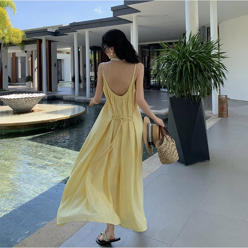 

Свободное и ленивое летнее платье на бретельках, Новое Сексуальное желтое длинное платье с открытой спиной