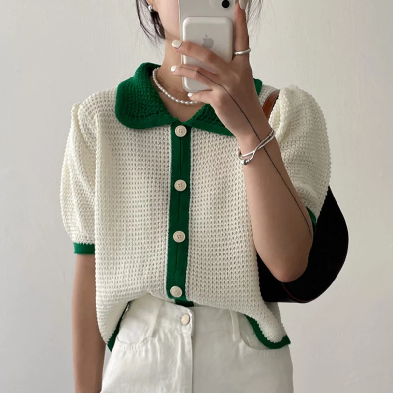 

Женский трикотажный кардиган Sannian, однобортный Свободный кардиган с отложным воротником и рукавами-фонариками, одежда в ретро стиле для вес...