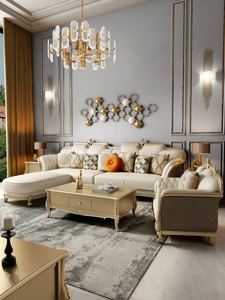 

American light luxury leather sofa corner solid wood sofa size apartment villa furniture European style sofa combination living
