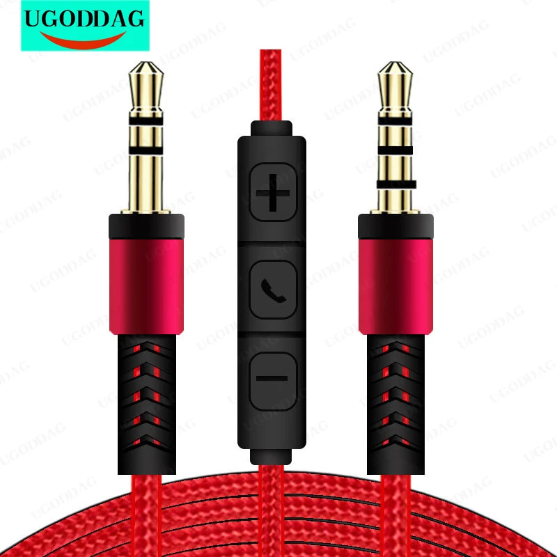 Аудиокабель 1,2 м с разъемом 3,5 мм и штекером 3,5 мм, кабель Aux «штекер-штекер» с микрофоном для регулировки громкости для наушников, автомобильных динамиков