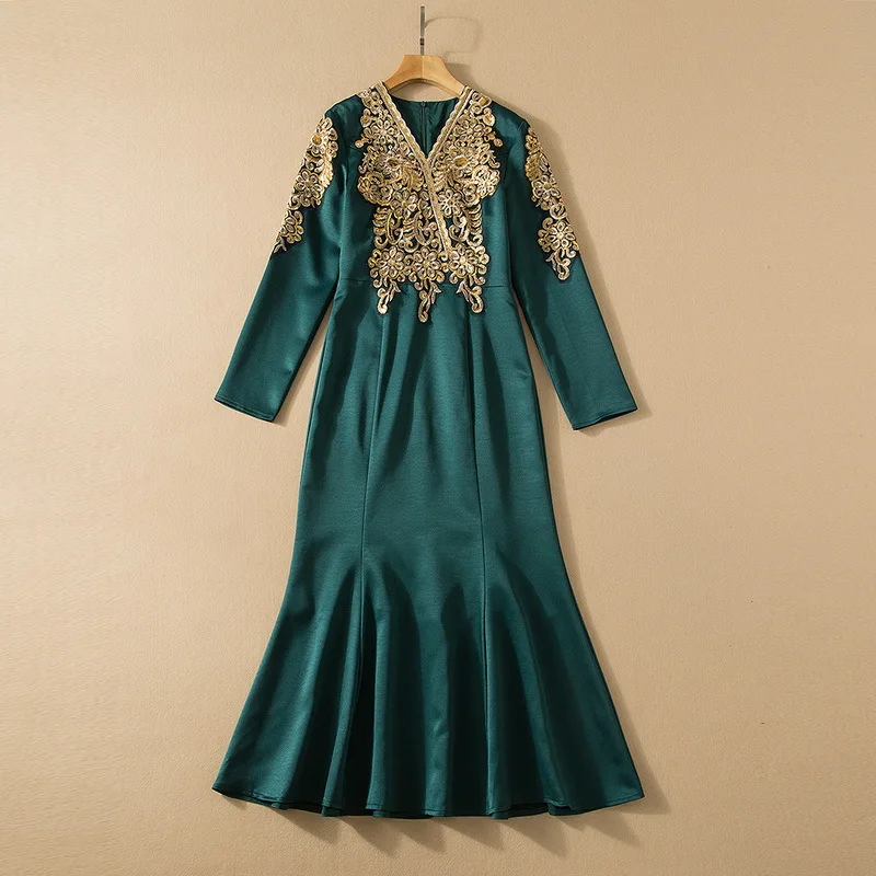 

2022 New Long Sleeve V-neck Embroidered Sequins Fashion Fishtail Dress European and American Women's Wear Spring
