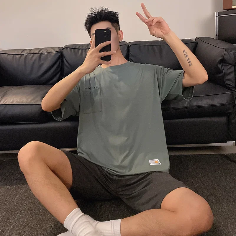 Летняя мужская одежда из модала с коротким рукавом и круглым вырезом Свободная