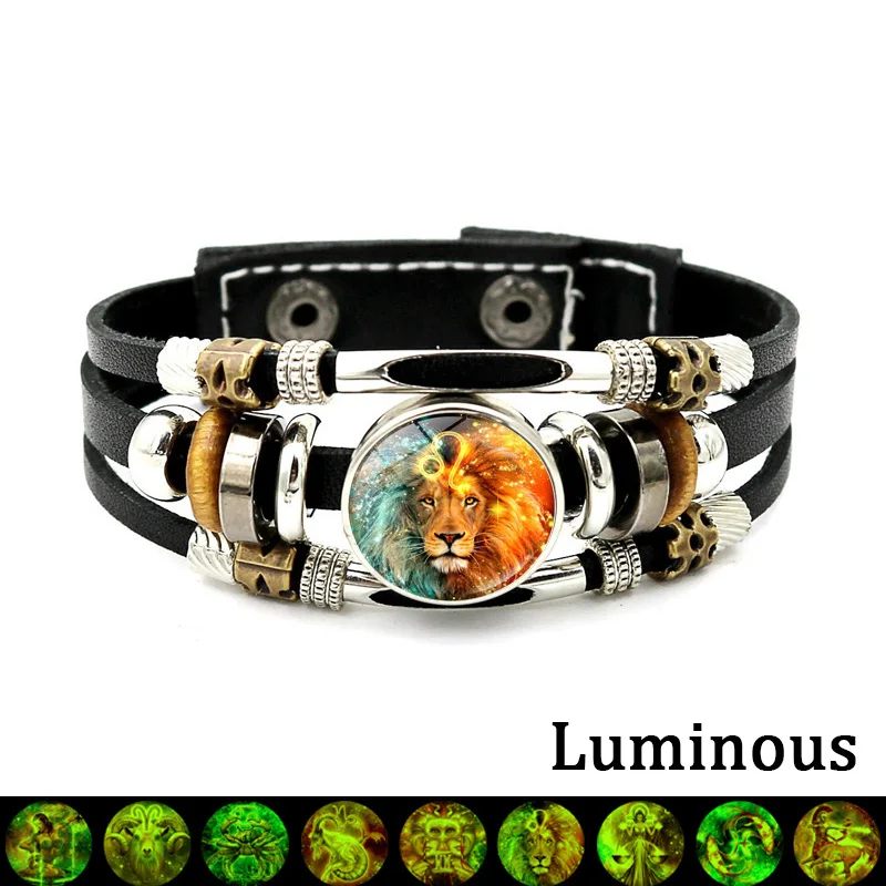 

12 Constellation Luminous Bracelet Zodiac Signs Jewelry Aries Gemini Virgo Button Multilayer Woven Bracelets for Couples Gift