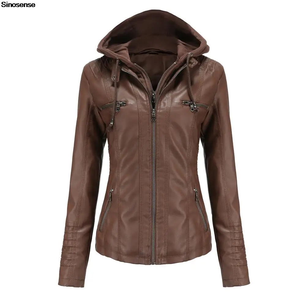 

New Spring Autumn Winter Removable Hooded Faux Leather Jackets Women Zipper Slim Pu Short Biker Jackets Coats Female Outwear 7XL