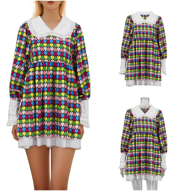 

Women Zipper Oversized Lantern Sleeves Dress A Line Ladies Swing Short Dress Peter Pan Collar Spicy Girl Style Vacation Outfit