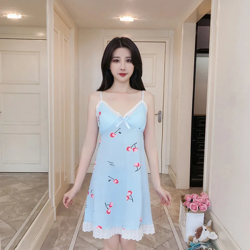 Summer New Women's Nightdress Suspenders Sexy V-neck Thin with Chest Pad Home Service Sleepwear Women Nightwear Sleep Tops