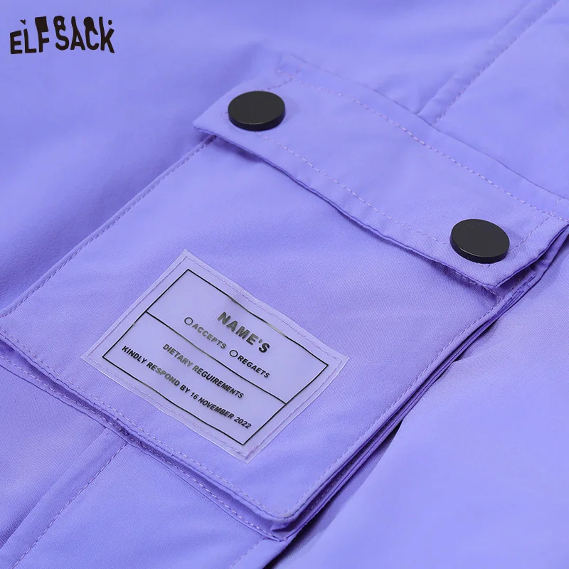 ELFSACK Purple Cargo Coats Warm Down Jackets Women 2022 Winter Loose Mid-length Coats