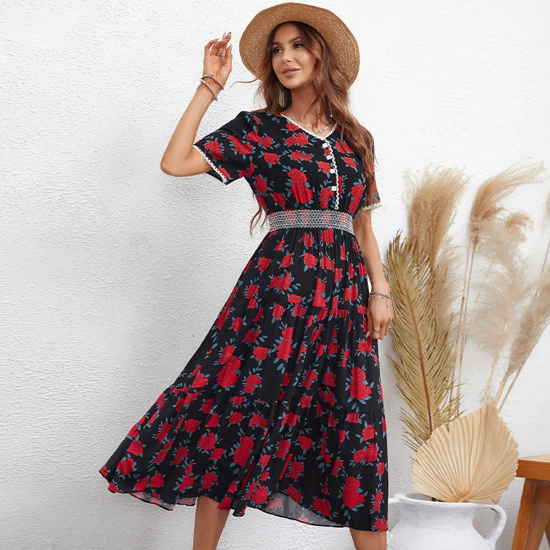 

YUCHENG Summer Dress Women 2022 Casual Short Sleeve V Neck Long Party Dresses Elastic Waist Elegant Floral Female Midi Dress