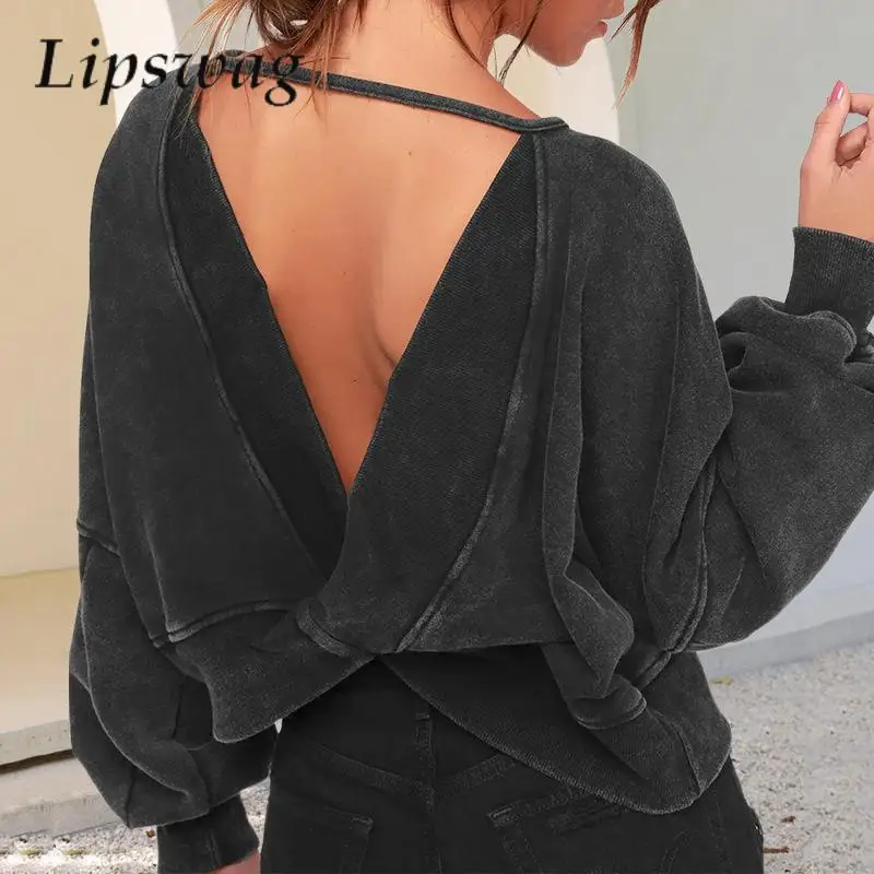 

Женский свитшот с круглым вырезом и открытой спиной, свободного покроя