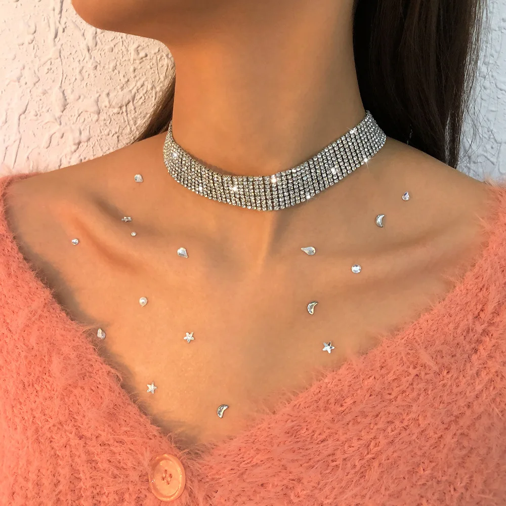 

Exquisite Sparkling White Crystal Multilayer Rhinestone Chains Choker Necklace for Women Fashion Wedding Party statement Jewelry