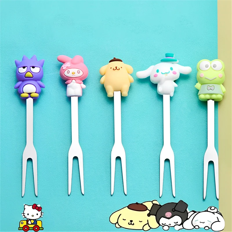 

5 шт. Sanrio Kawaii Kero Keroppi вилка для фруктов с персонажем из мультфильма My Melody Home фрукты силиконовая вилка креативная нержавеющая сталь знак фрукт...