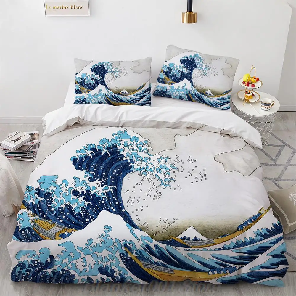 

Wave Duvet Cover Set Sea Ocean Waves Bedding Set Hand Drawn Style Japanese Bedding Ukiyoe Themed Decorative Comforter Cover