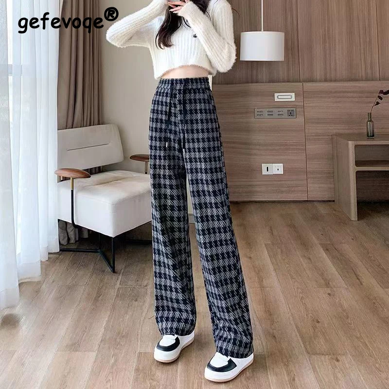 Casual Thick Woolen Wide Leg Pants Women Autumn Winter Korean Girls Elegant Fashion Loose High Waist Plaid Trousers Female 2022