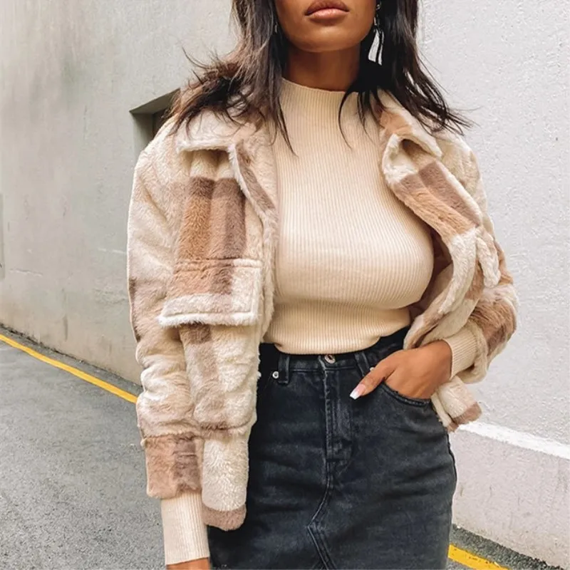 

Women Plus Size Fur Jackets Coats New Casual Plaid Single-breasted Short Warm Jackets 2023 Autumn Ladies Fur Female S-4XL Parkas