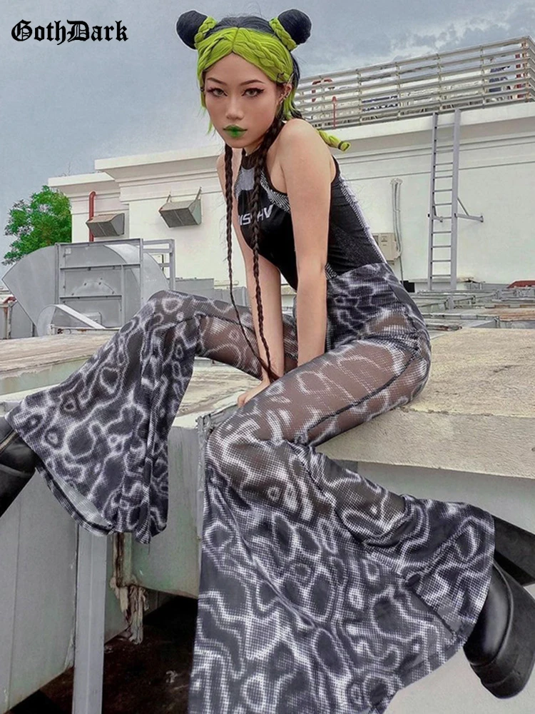

Goth Dark Cyber Y2k Mesh See Through Women Falre Pants Gothic Punk Sexy High Waist Trousers Techwear Printing Streetwear Clothes