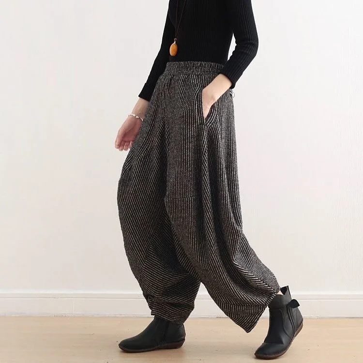 Autumn And Winter New Original Design Warm Striped Knitted Literary Vintage Wide-leg Bloomers Thickened Loose Pants Women