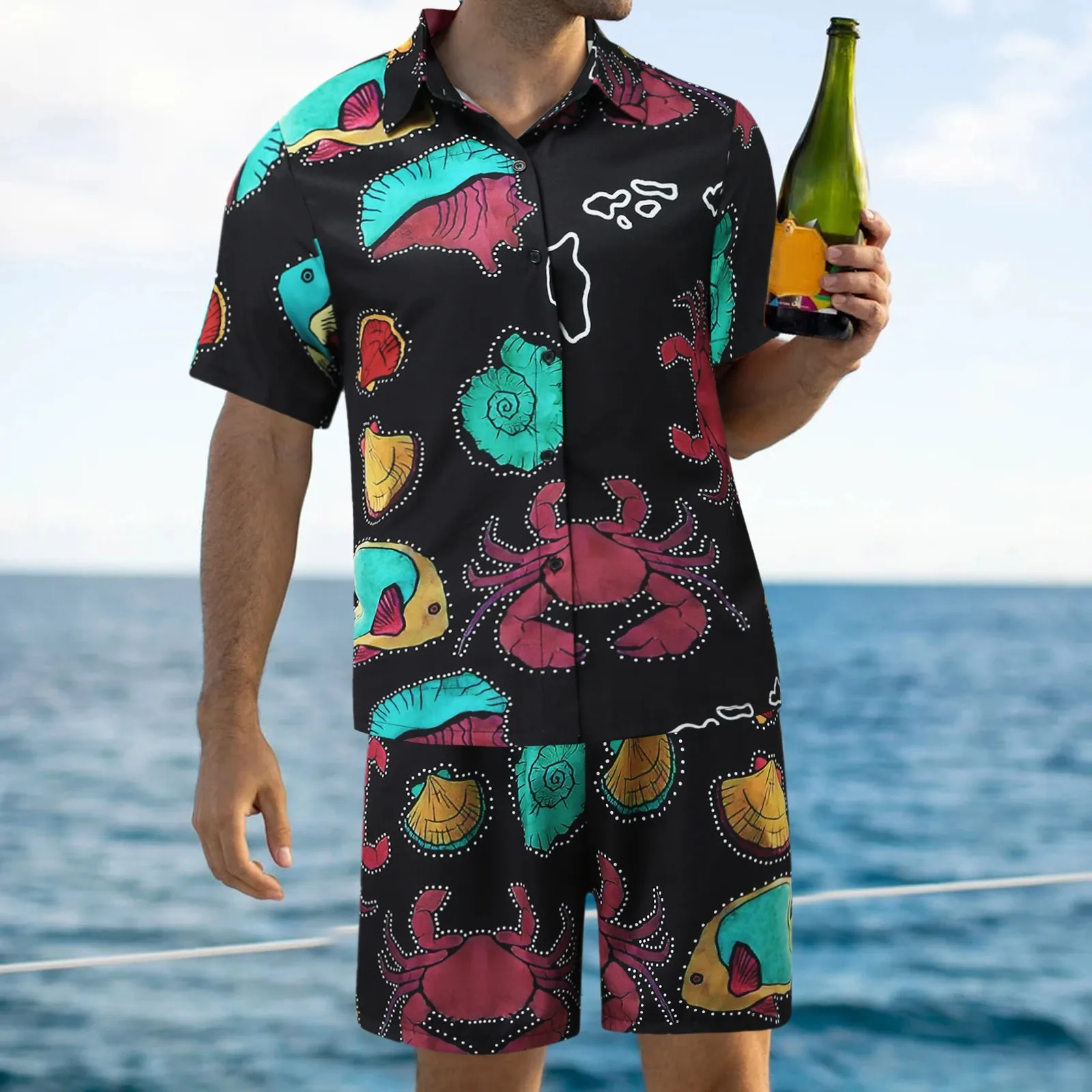 

Рубашка мужская с отложным воротником, повседневная с принтом, на пуговицах, короткий рукав, шорты со средней талией, спортивный костюм, удо...