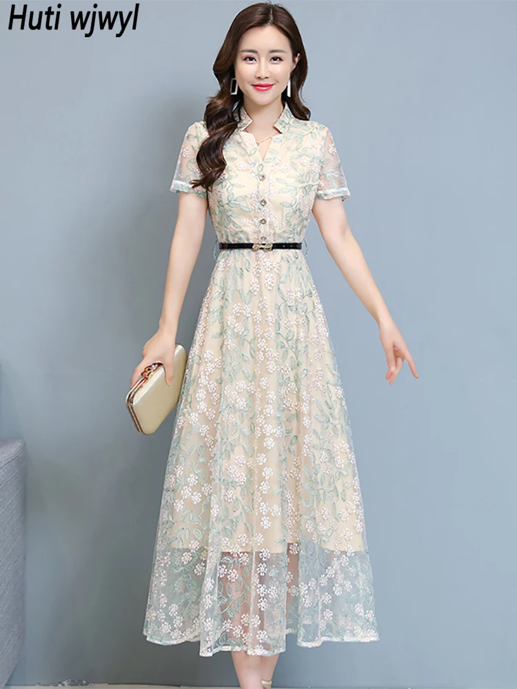

Spring Summer Vintage Maxi Dresses Women Elegant Party Casual Mesh Midi Vestidos 2023 Bodycon Sexy Lace Embroidery Floral Dress