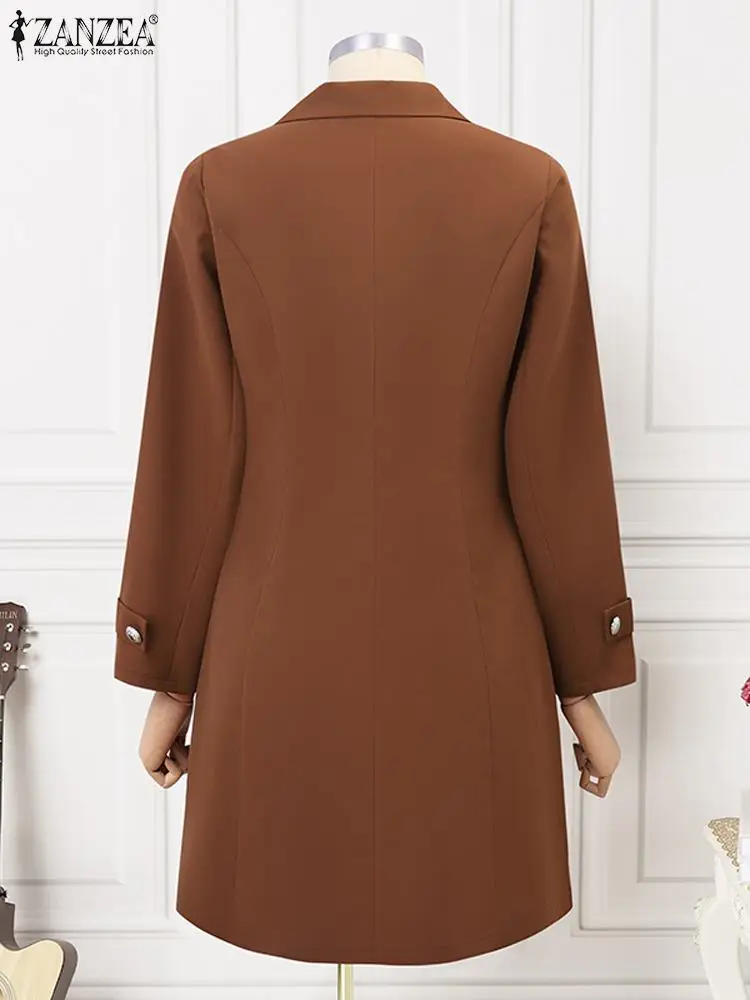 Женский Элегантный Однотонный Длинный Пиджак Zanzea 2024 Летняя Куртка С Зубчатым