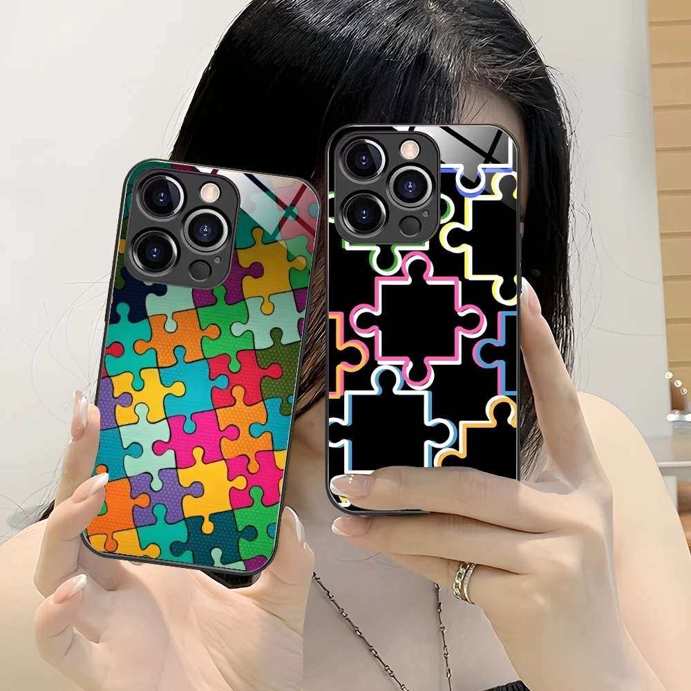 Puzzle Fashion Pretty Mobile Cell Phone Case for iPhone 16 15 14 13 12 11 X XR XS 8 Pro Max Plus Mini PC Glass Cover Shell